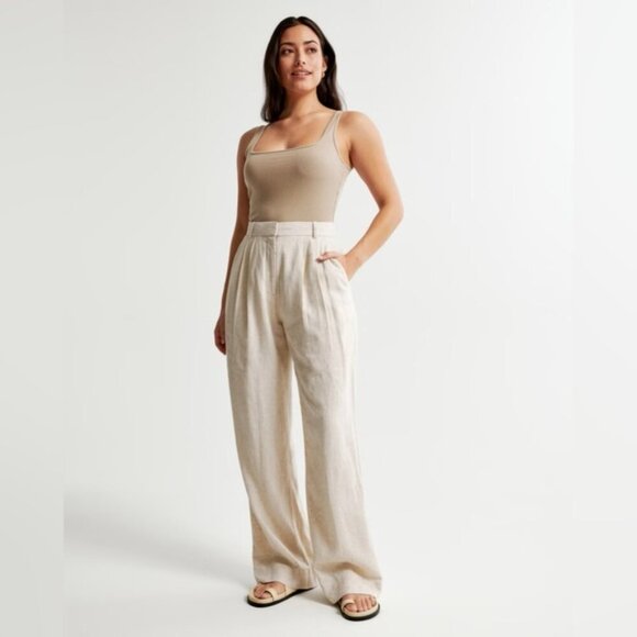 Abercrombie & Fitch Tan Linen Pleated High Rise Wide Leg Trousers - Picture 1 of 7